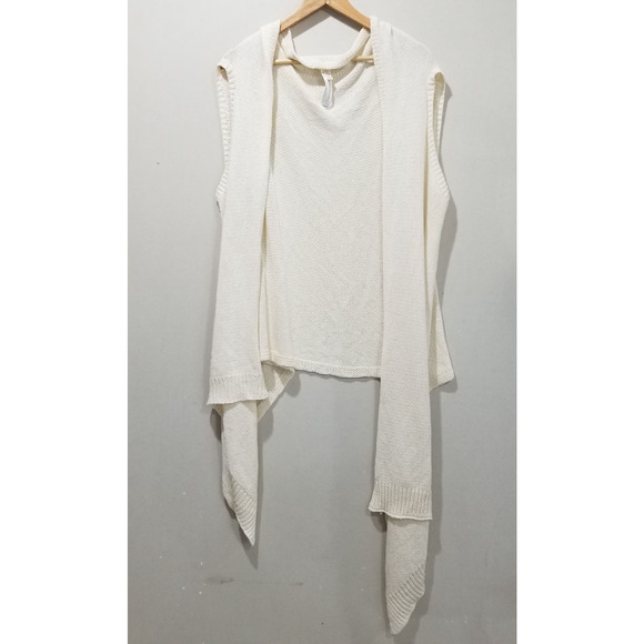 Eileen Fisher Sweater Womens L/XL Ivory Knit Open Front Drape Wrap Poncho Vest - Picture 4 of 7